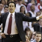 Miami Heat head coach Erik Spoelstra speaks to players against the San Antonio Spurs during the second half of Game 6 of the NBA Finals basketball game, Tuesday, June 18, 2013 in Miami. (AP Photo/Lynne Sladky)