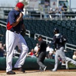Cleveland Indians' Brett Myers, left, paces the mound after giving up a home run to Seattle Mariners' Carlos Peguero (4) in the third inning during an exhibition spring training baseball game, Wednesday, Feb. 27, 2013, in Goodyear, Ariz. (AP Photo/Ross D. Franklin)