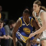 Team Webber's Kelly Olynyk of the Boston Celtics, right, and Team Hill's Harrison Barnes of the Golden State Warriors vie for a loose ball during the Rising Star NBA All Star Challenge Basketball game, Friday, Feb. 14, 2014, in New Orleans. (AP Photo/Gerald Herbert)