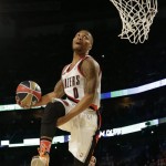  Damian Lillard of the Portland Train Blazers participates in the slam dunk contest during the skills competition at the NBA All Star basketball game, Saturday, Feb. 15, 2014, in New Orleans. (AP Photo/Gerald Herbert)