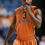 Oregon State's Ahmad Starks looks at the scoreboard late in the second half against Colorado during a Pac-12 tournament NCAA college basketball game on Wednesday, March 13, 2013, in Las Vegas. Colorado won 74-68.(AP Photo/Julie Jacobson)