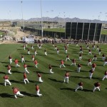 Arizona Diamondbacks stretch at a spring training baseball workout on Friday, Feb. 15, 2013, in Scottsdale, Ariz. (AP Photo/Darron Cummings)