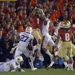  Florida State's Kelvin Benjamin catches a touchdown pass during the second half of the NCAA BCS National Championship college football game against Auburn Monday, Jan. 6, 2014, in Pasadena, Calif. (AP Photo/Mark J. Terrill)