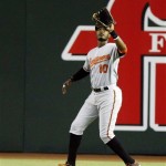 Baltimore Orioles center fielder Adam Jones (10) makes the catch for the out against the Arizona Diamondbacks in the first inning during a baseball game on Tuesday, Aug. 13, 2013, in Phoenix. (AP Photo/Rick Scuteri)