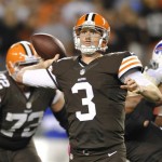 Cleveland Browns quarterback Brandon Weeden passes against the Buffalo Bills in the fourth quarter of an NFL football game Thursday, Oct. 3, 2013, in Cleveland. Weeden took over for starter Brian Hoyer who was injured in the first quarter. (AP Photo/David Richard)

