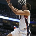 Gonzaga's Elias Harris lays a shot in against Wichita State in the first half during a third-round game in the NCAA men's college basketball tournament in Salt Lake City on Saturday, March 23, 2013. (AP Photo/George Frey)
