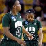 Ohio guard Yamonie Jenkins (12) and Kiyanna Black (4) walk up court after a could during the first half of a women's second round NCAA tournament college basketball game against Arizona State, Saturday, March 21, 2015, Tempe, Ariz. Arizona State won 74-55. (AP Photo/Matt York)