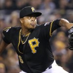 Pittsburgh Pirates starting pitcher Edinson Volquez throws against the San Francisco Giants during the first inning of a wild-card playoff baseball game Wednesday, Oct. 1, 2014, in Pittsburgh. (AP Photo/Gene J. Puskar)