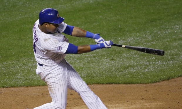 Chicago Cubs’ Starlin Castro hits the game-winning single during the ninth inning of a baseba...