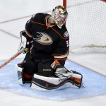 
              Anaheim Ducks goalie Frederik Andersen watches Chicago Blackhawks left wing Teuvo Teravainen's goal during the second period in Game 5 of the Western Conference final of the NHL hockey Stanley Cup playoffs in Anaheim, Calif., on Monday, May 25, 2015. (AP Photo/Mark J. Terrill)
            