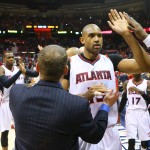 
              Atlanta Hawks Al Horford, right, and Paul Millsap  celebrate a 106-90 victory over the Washington Wizards in the second basketball game of the Eastern Conference Semifinals   on Tuesday, May 5, 2015, in Atlanta.  (Curtis Compton/Atlanta Journal-Constitution via AP)  MARIETTA DAILY OUT; GWINNETT DAILY POST OUT; LOCAL TELEVISION OUT; WXIA-TV OUT; WGCL-TV OUT
            