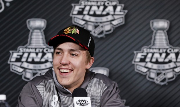 Chicago Blackhawks left wing Teuvo Teravainen smiles during a news conference at the NHL hockey Sta...