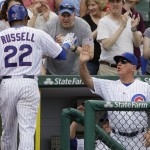 
              Chicago Cubs' Addison Russell, left, celebrates with manager Joe Maddon after hitting a solo home run during the seventh inning of a baseball game against the Kansas City Royals on Friday, May 29, 2015, in Chicago. (AP Photo/Nam Y. Huh)
            