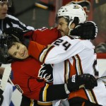 
              Anaheim Ducks' Simon Despres, right, and Calgary Flames' Joe Colborne scuffle during the second period of Game 4 of NHL hockey second-round playoff action in Calgary, Alberta, Friday, May 8, 2015. (Jeff McIntosh/The Canadian Press via AP) MANDATORY CREDIT
            