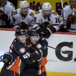 
              Anaheim Ducks defenseman Cam Fowler, right, celebrates with Jiri Sekac after scoring against the Chicago Blackhawks during the first period in Game 5 of the Western Conference final of the NHL hockey Stanley Cup playoffs in Anaheim, Calif., on Monday, May 25, 2015. (AP Photo/Mark J. Terrill)
            
