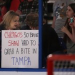 
              A fans holds up a sign regarding the alleged bite of Tampa Bay Lightning defenseman Victor Hedman by Chicago Blackhawks center Andrew Shaw in Game 1 before Game 2 of the NHL hockey Stanley Cup Final in Tampa, Fla., Saturday, June 6, 2015.  (AP Photo/Chris O'Meara)(AP Photo/Chris O'Meara)
            