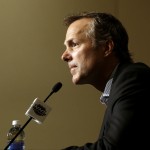 
              Tampa Bay Lightning head coach Jon Cooper listens to a question during a news conference, Sunday, June 7, 2015, in Chicago. The Tampa Bay Lightning and the Chicago Blackhawks are tied 1-1 in the NHL hockey Stanley Cup Final after the Tampa Bay Lightning defeated the Chicago Blackhawks 4-3 in Game 2. Game 3 is scheduled for Monday. (AP Photo/Nam Y. Huh)
            