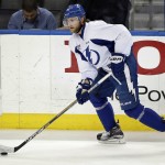 
              Tampa Bay Lightning center Steven Stamkos skates with the puck during NHL hockey practice at Amalie Arena for the Stanley Cup Finals, Tuesday, June 2, 2015, in Tampa, Fla. The Lightning take on the Chicago Blackhawks in Game 1 on Wednesday.  (AP Photo/Chris O'Meara)
            