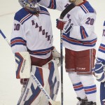 
              New York Rangers left wing Chris Kreider (20) celebrates with goalie Henrik Lundqvist (30), of Sweden, after the Rangers defeated the Tampa Bay Lightning 7-3 in Game 6 of the Eastern Conference finals in the NHL hockey Stanley Cup playoffs, Tuesday, May 26, 2015, in Tampa, Fla. (AP Photo/Phelan M. Ebenhack)
            
