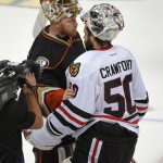 
              Anaheim Ducks goalie Frederik Andersen, greets Chicago Blackhawks goalie Corey Crawford after their loss in Game 7 of the Western Conference final of the NHL hockey Stanley Cup playoffs in Anaheim, Calif., Saturday, May 30, 2015. The Blackhawks won 5-3 to advance to Stanley Cup Finals. (AP Photo/Mark J. Terrill)
            
