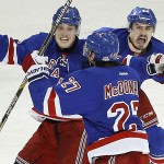 
              New York Rangers right wing Jesper Fast, top left, and left wing Chris Kreider celebrate with New York Rangers defenseman Ryan McDonagh (27) who scored the game winning goal in overtime against the Washington Capitals during Game 5 in the second round of the NHL Stanley Cup hockey playoffs, Friday, May 8, 2015, in New York. The Rangers won 2-1. (AP Photo/Julie Jacobson)
            