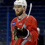 
              Chicago Blackhawks left wing Bryan Bickell skates during practice at the NHL hockey Stanley Cup Final, Friday, June 5, 2015, in Tampa, Fla. The Chicago Blackhawks lead the best-of-seven games series against the Tampa Bay Lightning 1-0. Game 2 is scheduled for Saturday night. (AP Photo/Chris Carlson)
            