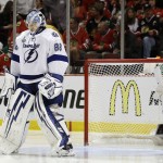 
              Tampa Bay Lightning goalie Andrei Vasilevskiy prepares for the start of the second period in Game 4 of the NHL hockey Stanley Cup Final against the Chicago Blackhawks Wednesday, June 10, 2015, in Chicago. (AP Photo/Nam Y. Huh)
            