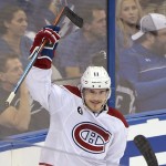 
              Montreal Canadiens right wing Brendan Gallagher celebrates after scoring during the second period of Game 4 of a second-round NHL Stanley Cup hockey playoff series against the Tampa Bay Lightning in Tampa, Fla., Thursday, May 7, 2015. (AP Photo/Phelan M. Ebenhack)
            