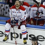 
              Washington Capitals left wing Alex Ovechkin (8) takes break during a time out against the New York Rangers during the third period of Game 7 of the Eastern Conference semifinals during the NHL hockey Stanley Cup playoffs, Wednesday, May 13, 2015, in New York. (AP Photo/Julie Jacobson)
            