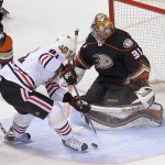 
              Chicago Blackhawks right wing Marian Hossa, front, scores past Anaheim Ducks goalie Frederik Andersen during the second period in Game 7 of the Western Conference final of the NHL hockey Stanley Cup playoffs in Anaheim, Calif., Saturday, May 30, 2015. (AP Photo/Mark J. Terrill)
            