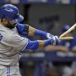 
              Toronto Blue Jays' Jose Bautista breaks his bat as he pops out to Tampa Bay Rays second baseman Logan Forsythe during the fourth inning of a baseball game Tuesday, June 23, 2015, in St. Petersburg, Fla.  (AP Photo/Chris O'Meara)
            
