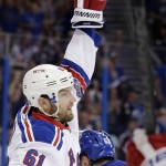 
              New York Rangers left wing Rick Nash celebrates after scoring a goal during the third period of Game 4 of the Eastern Conference finals against the Tampa Bay Lightning, in the NHL hockey Stanley Cup playoffs, Friday, May 22, 2015, in Tampa, Fla. (AP Photo/Chris O'Meara)
            