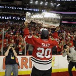 
              Chicago Blackhawks’ Brandon Saad celebrates after defeating the Tampa Bay Lightning in Game 6 of the NHL hockey Stanley Cup Final series on Monday, June 15, 2015, in Chicago. The Blackhawks defeated the Lightning 2-0 to win the series 4-2. (AP Photo/Nam Y. Huh)
            