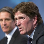 
              Toronto Maple Leafs new head coach Mike Babcock, right, speaks to reporters with team president Brendan Shanahan during an NHL hockey press conference in Toronto, Thursday, May 21, 2015.  Babcock spent the last 10 seasons with the Detroit Red Wings, where he won the Stanley Cup in 2008. (Darren Calabrese/The Canadian Press via AP) MANDATORY CREDIT
            