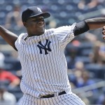 
              New York Yankees pitcher Michael Pineda (35) delivers against the Kansas City Royals during the first inning of a baseball game, Wednesday, May 27, 2015, in New York. (AP Photo/Julie Jacobson)
            