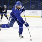
              Tampa Bay Lightning center Steven Stamkos shoots during practice at the NHL hockey Stanley Cup Final, Friday, June 5, 2015, in Tampa, Fla. The Chicago Blackhawks lead the best-of-seven games series 1-0. Game 2 is scheduled for Saturday night. (AP Photo/Chris Carlson)
            