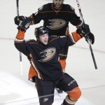 
              Anaheim Ducks' Matt Beleskey, front, followed by teammate Kyle Palmieri, celebrates his goal against the Calgary Flames during the first period of Game 1 in the second round of the NHL Stanley Cup hockey playoffs, Thursday, April 30, 2015, in Anaheim, Calif. (AP Photo/Jae C. Hong)
            