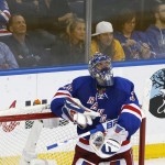 
              New York Rangers goalie Henrik Lundqvist (30) looks up at the scoreboard after a third period goal by the Tampa Bay Lightning during Game 7 of the Eastern Conference final during the NHL hockey Stanley Cup playoffs, Friday, May 29, 2015, in New York. (AP Photo/Kathy Willens)
            