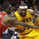 
              Cleveland Cavaliers forward LeBron James (23) drives against Chicago Bulls forward Tony Snell (20) during the second half of Game 2 in a second-round NBA basketball playoff series Wednesday, May 6, 2015, in Cleveland. The Cavaliers won 106-91. (AP Photo/Tony Dejak)
            