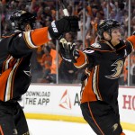 
              Anaheim Ducks right wing Corey Perry, right, celebrates after scoring with left wing Patrick Maroon against the Chicago Blackhawks during the second period of Game 2 of the Western Conference final during the NHL hockey Stanley Cup playoffs in Anaheim, Calif., on Tuesday, May 19, 2015. (AP Photo/Mark J. Terrill)
            