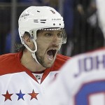
              Washington Capitals left wing Alex Ovechkin (8) reacts after scoring a goal against the New York Rangers during the first period of Game 1 in the second round of the NHL Stanley Cup hockey playoffs Thursday, April 30, 2015, in New York. (AP Photo/Frank Franklin II)
            