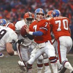 
              FILE - In this Jan. 12, 1987,  file photo,  Denver Broncos quarterback John Elway prepares to send the ball down field en route to a 23-20 overtime victory in the AFC Championship game against the Cleveland Browns, in Cleveland.  On the sports misery index, Atlanta and Cleveland are hard to beat, and have come up with plenty of excruciating ways to come up short. (AP Photo/File)
            