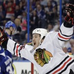 
              Chicago Blackhawks center Andrew Shaw celebrates his goal against the Tampa Bay Lightning during the second period in Game 2 of the NHL hockey Stanley Cup Final in Tampa, Fla., Saturday, June 6, 2015.  (AP Photo/Chris O'Meara)
            