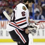 
              Chicago Blackhawks goalie Corey Crawford walks to the net after giving up a goal to to Tampa Bay Lightning defenseman Jason Garrison during the third period in Game 2 of the NHL hockey Stanley Cup Final in Tampa, Fla., Saturday, June 6, 2015.  (AP Photo/Chris O'Meara)
            