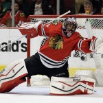 
              Chicago Blackhawks goalie Corey Crawford makes a stop against the Anaheim Ducks during the third period in Game 4 of the Western Conference finals of the NHL hockey Stanley Cup playoffs, Saturday, May 23, 2015, in Chicago. (AP Photo/Nam Y. Huh)
            