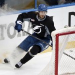 
              Tampa Bay Lightning defenseman Victor Hedman, of Sweden, stops behind the goal during NHL hockey practice at Amalie Arena for the Stanley Cup Finals, Tuesday, June 2, 2015, in Tampa, Fla. The Lightning take on the Chicago Blackhawks in Game 1 on Wednesday.  (AP Photo/Chris O'Meara)
            