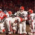 
              FILE - In this Jan. 17, 1988, file photo, Cleveland Browns running back Earnest Byner (44) is comforted by teammate Brian Brennan (86) after Byner fumbled in the closing minutes of the AFC Championship game against the Denver Broncos, in Denver.  (AP Photo/Mark Duncan, File)
            