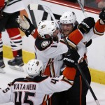 
              Anaheim Ducks right wing Corey Perry (10) celebrates his goal against the Chicago Blackhawks during the third period in Game 4 of the Western Conference finals of the NHL hockey Stanley Cup playoffs, Saturday, May 23, 2015, in Chicago. (AP Photo/Charles Rex Arbogast)
            