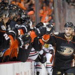 
              Anaheim Ducks center Andrew Cogliano celebrates after scoring during the first period of Game 2 of the Western Conference final during the NHL hockey Stanley Cup playoffs against the Chicago Blackhawks in Anaheim, Calif., on Tuesday, May 19, 2015. (AP Photo/Mark J. Terrill)
            