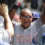 
              Texas Rangers Adrian Beltre is congratulated by teammates after hitting a solo-home run during the first inning of a baseball game against the Cleveland Indians, Monday, May 25, 2015, in Cleveland. (AP Photo/Aaron Josefczyk)
            